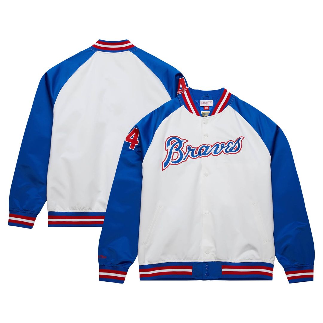 Hank Aaron Atlanta Braves Mitchell & Ness Cooperstown Collection Legends Lightweight Satin Raglan Full-Snap Jacket - White/ Royal | MLB Fan Gear