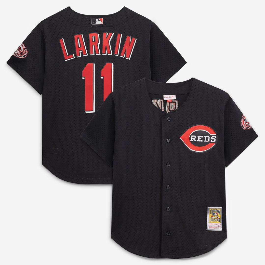 Barry Larkin Cincinnati Reds Mitchell & Ness Cooperstown Collection Mesh Batting Practice Button-Up Jersey - Black | MLB Fan Gear