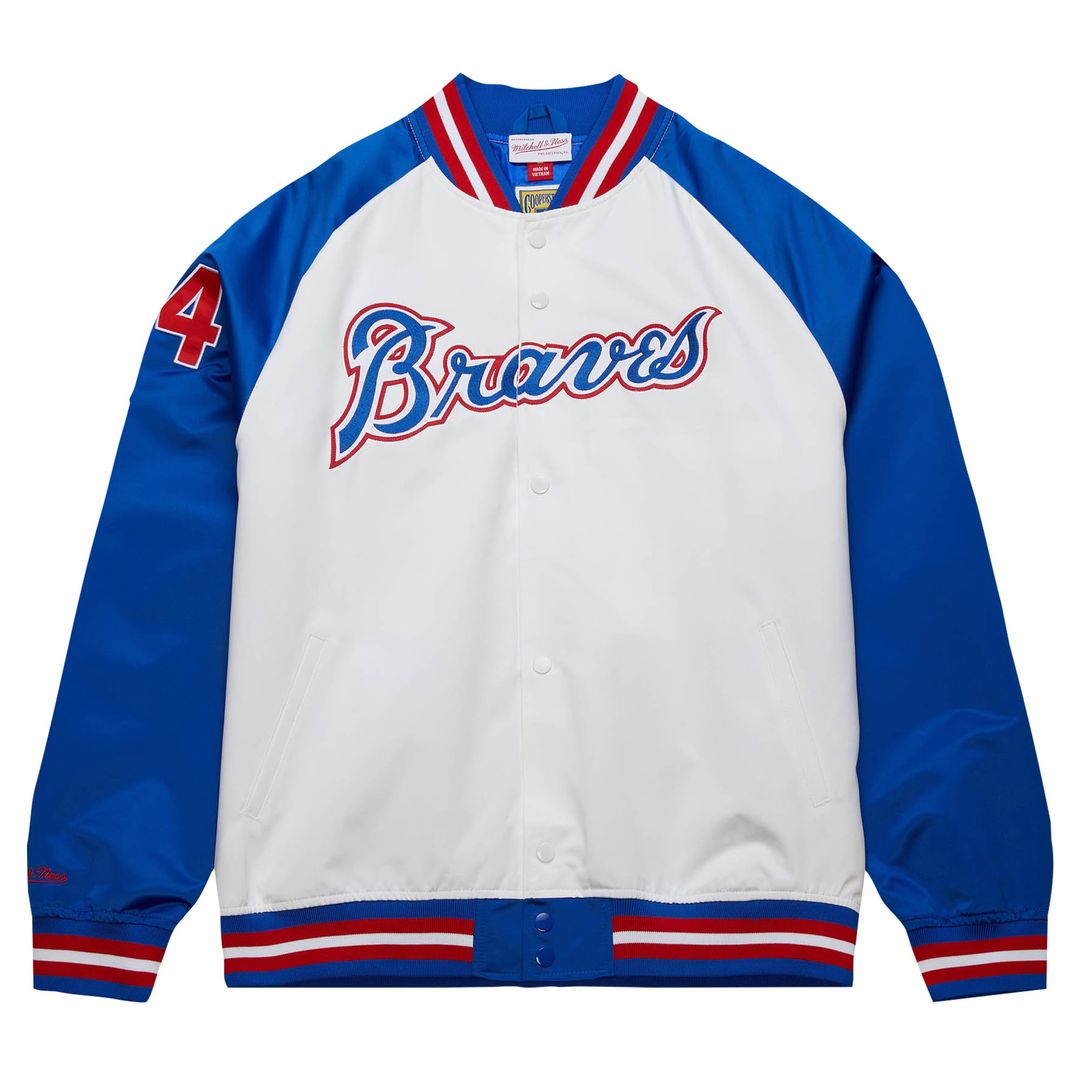 Hank Aaron Atlanta Braves Mitchell & Ness Cooperstown Collection Legends Lightweight Satin Raglan Full-Snap Jacket - White/ Royal | MLB Fan Gear