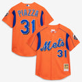Mike Piazza New York Mets Mitchell & Ness Cooperstown Collection Mesh Batting Practice Button-Up Jersey - Orange | MLB Fan Gear