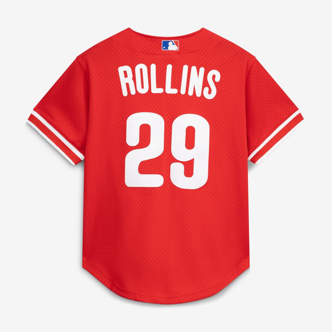 Jimmy Rollins Philadelphia Phillies Mitchell & Ness Cooperstown Mesh Batting Practice Button-Up Jersey - Red | MLB Fan Gear