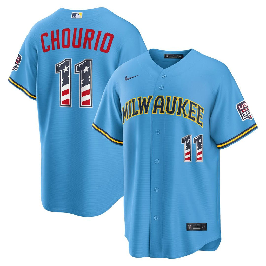 Jackson Chourio Milwaukee Brewers Nike USA 250 Fourth of July Road Stadium Jersey - Light Blue | MLB Fan Gear