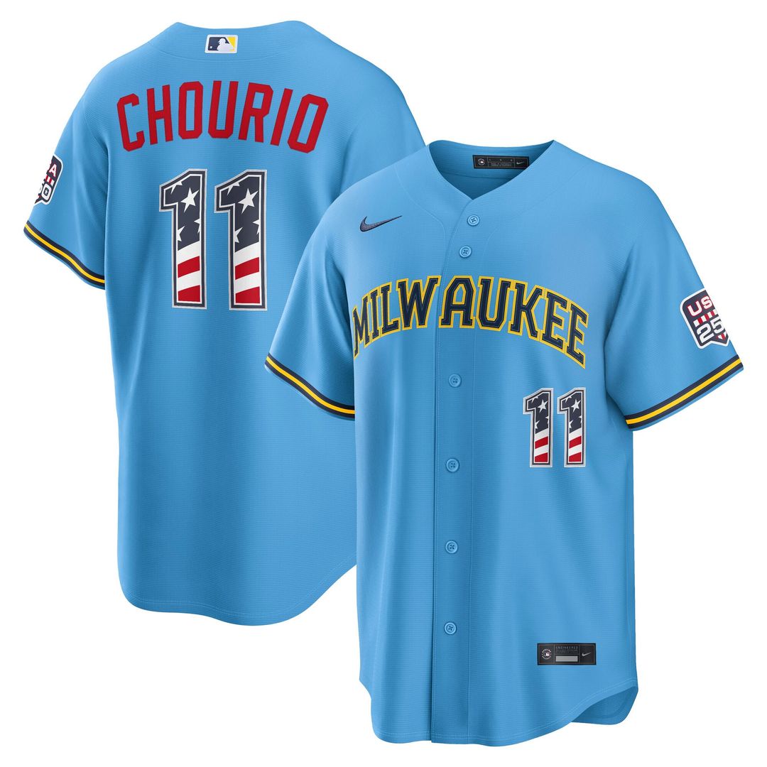 Jackson Chourio Milwaukee Brewers Nike USA 250 Fourth of July Road Stadium Jersey - Light Blue | MLB Fan Gear