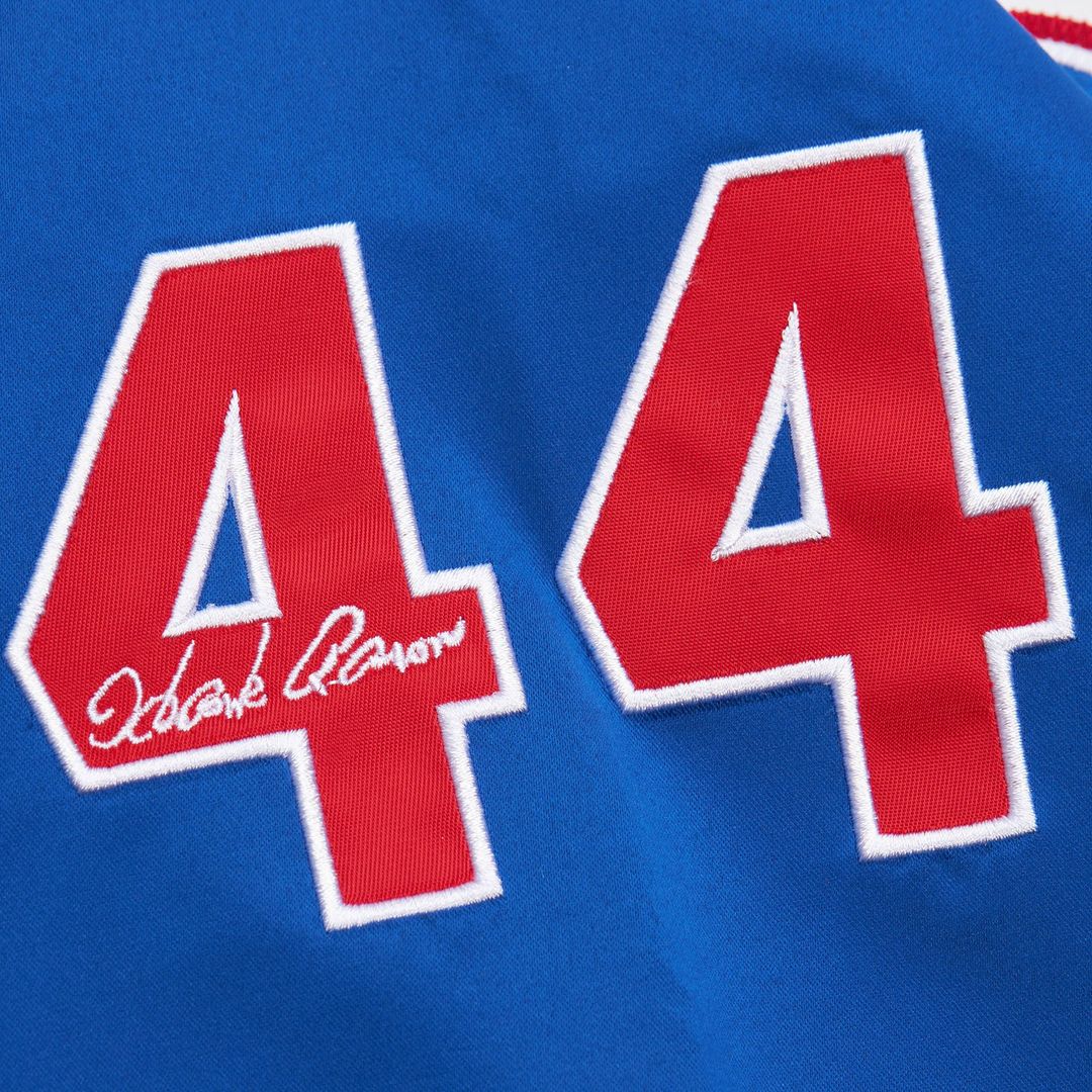 Hank Aaron Atlanta Braves Mitchell & Ness Cooperstown Collection Legends Lightweight Satin Raglan Full-Snap Jacket - White/ Royal | MLB Fan Gear